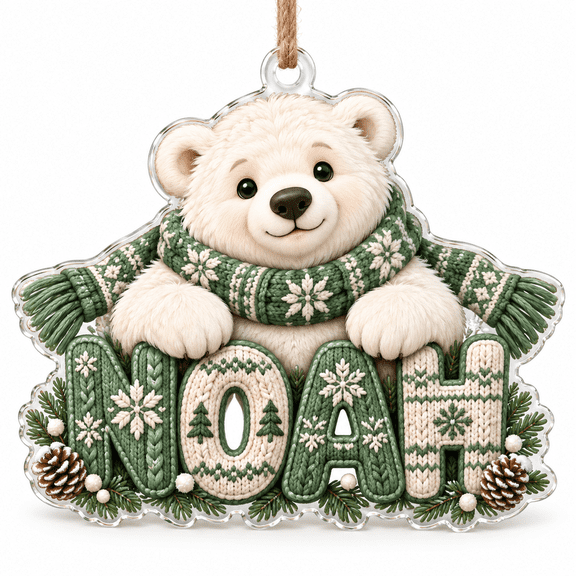 Acrylic Ornament Cozy Polar Bear Noah with Sage Scarf, Christmas Tree Hanging Keepsake