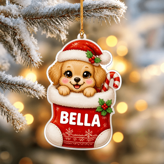 Acrylic Ornament Dog in Christmas Stocking 2D Flat Tree Hanging for Dog Lovers