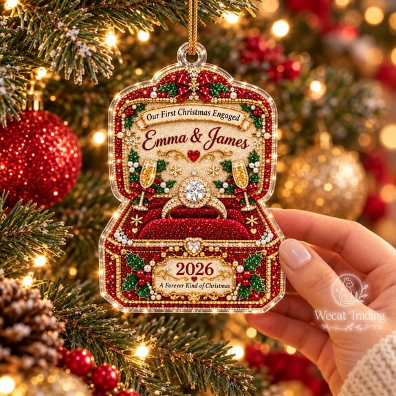 Acrylic Ornament, First Christmas Engaged Keepsake with Ring and Champagne for Couples