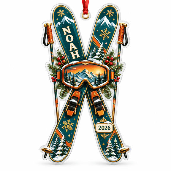 Acrylic Ornament Noah Crossed Skis 2026, Teal and Orange Holiday Tree Hanging for Skiers