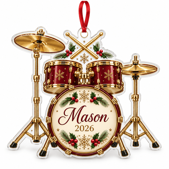 Acrylic Ornament Personalized Burgundy and Gold Drum Kit Christmas Keepsake for Drummers