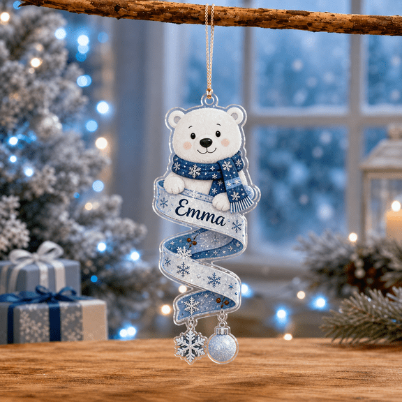 Acrylic Ornament Polar Bear Ribbon Swirl Christmas Decor