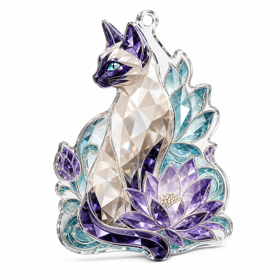 Acrylic Ornament Siamese Cat and Lotus Christmas Tree Hanging for Cat Lovers