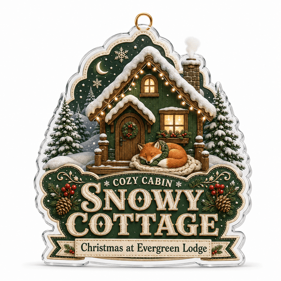 Acrylic Ornament, Snowy Cottage Cozy Cabin Christmas Tree Hanging Keepsake for Holiday Gifting