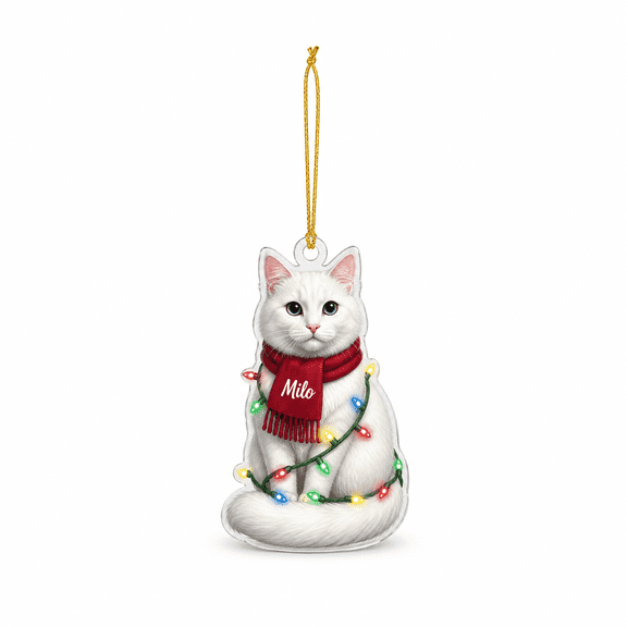 Acrylic Ornament, White Cat with Christmas Lights and Red Scarf, Tree Hanging Gift for Pet Lovers