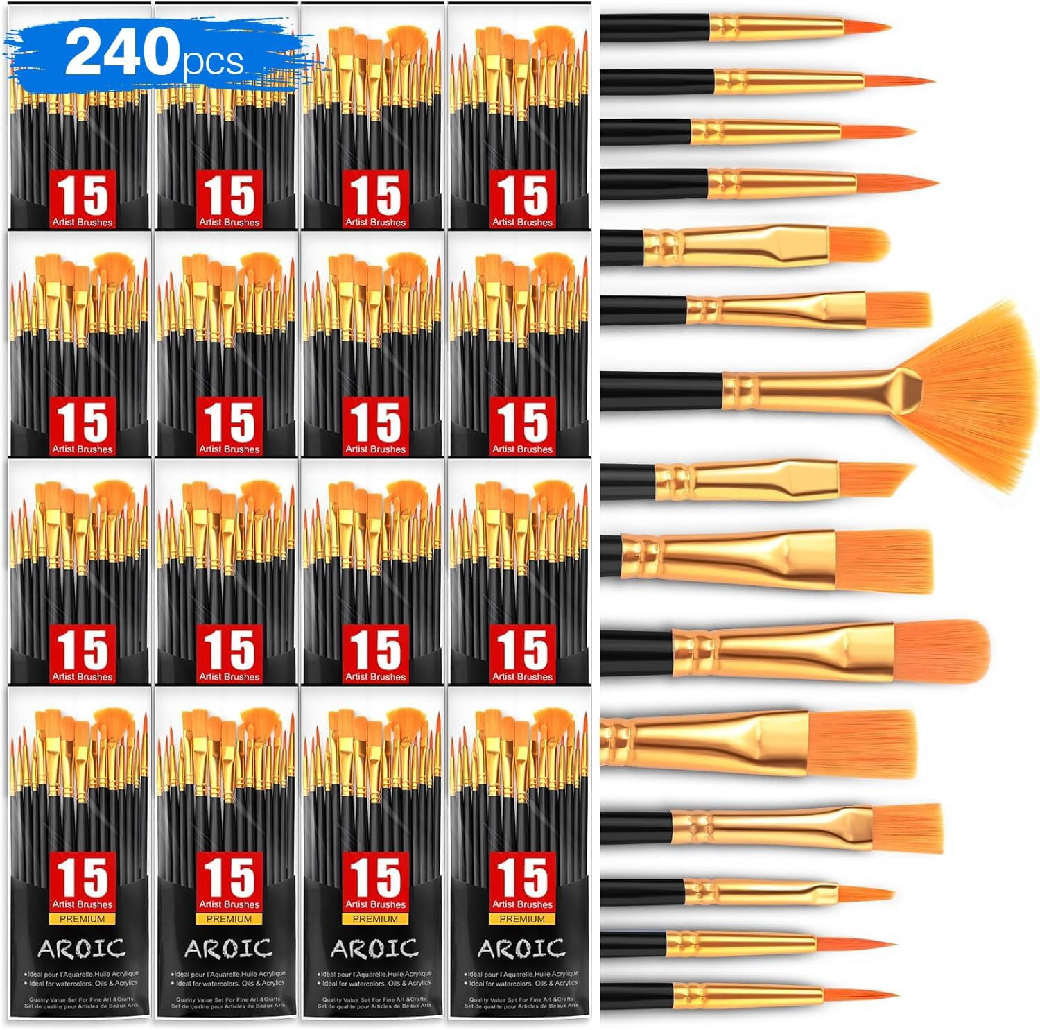 Acrylic Paint Brush Set,16 pack/240pcs Nylon Hair Oil Watercolor Rock Face Painting Artist Painting Brushes, 15 Sizes Paint Brush Set for All Purposes Kids Adult Arts Painting Brush Supplies.