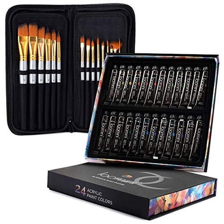 Acrylic Paint Brushes Set of 15, with Paint Set Included with 24 Acrylic Paints