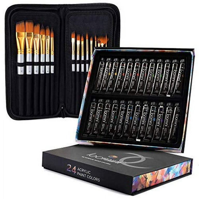 Loomini Acrylic Paint Brushes Set of 15, with Paint Set Included with 24 Acrylic Paints