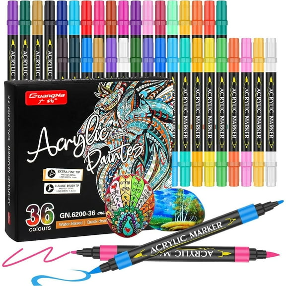 Acrylic Paint Marker, 36 Colours Double Tip Acrylic Felt Pens with Fine Tip and Brush Tip for Painting, Canvas, Metal, Glass, Black and White