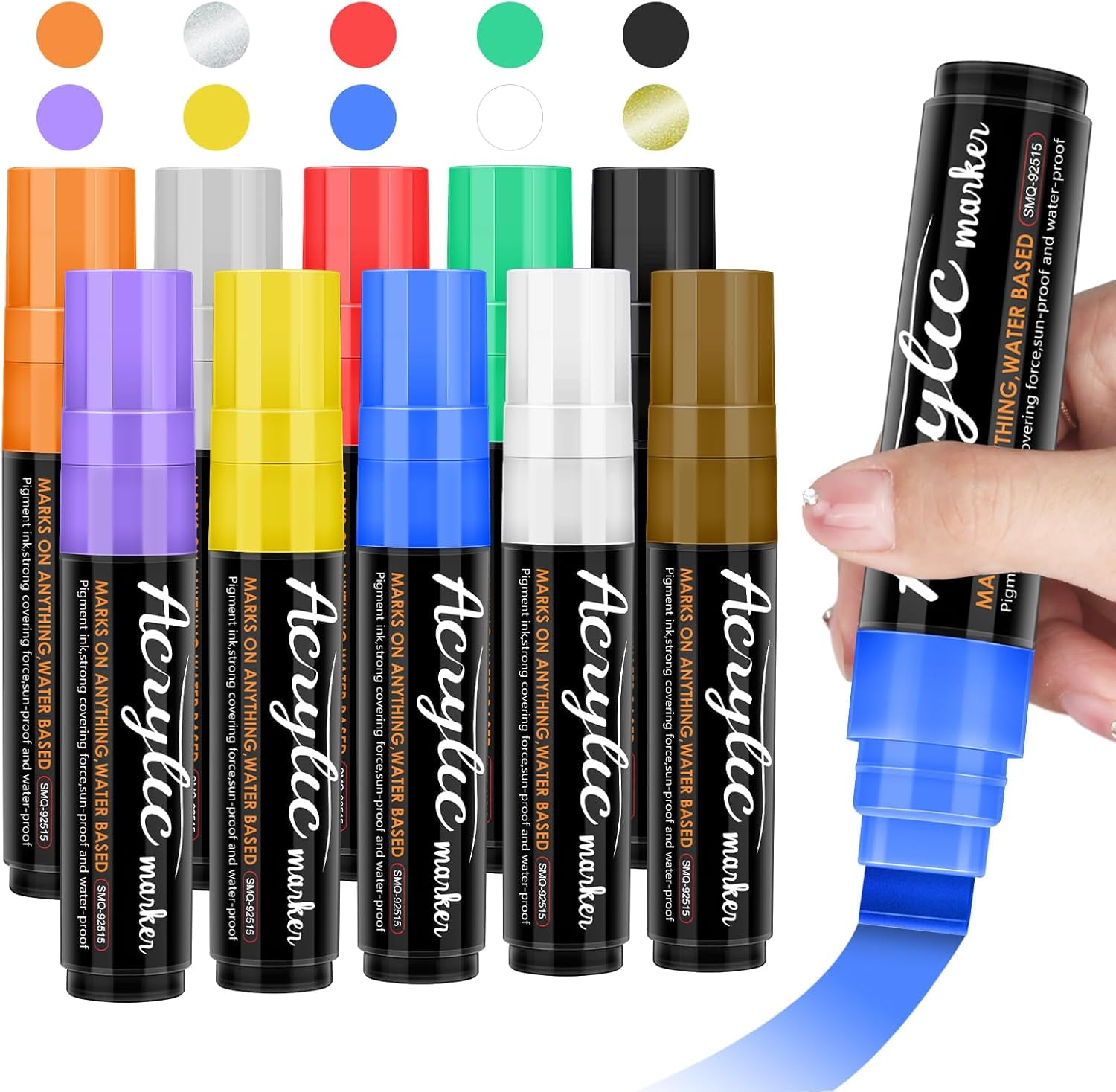 Acrylic Paint Markers 10 Jumbo Colored 15mm Felt Tip Waterproof and Permanent Ink Pens for Rock Painting Stone Ceramic Glass Wood Canvas Outdoor Paintings Signs