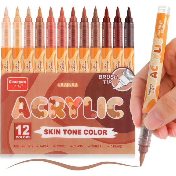 Acrylic Paint Markers 12 Colors, Skin Tone Series Set with Soft Brush Tip Water Based, Fine Tip Markers for Wood, Canvas, Rock Painting, Glass, Diy Crafts, Fabric Paint