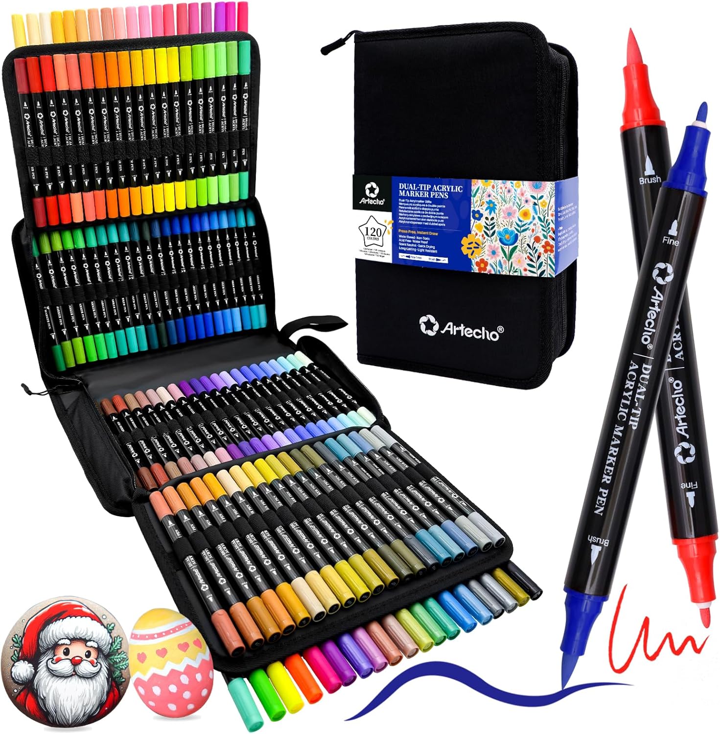 Acrylic Paint Markers 120 Colors with Bag, Acrylic Paint Pens with Brush Tip and Fine Tip for Stone, Rock Painting, Paper, Pumpkin, Wood, Egg, Canvas, Ceramic, Fabric, leather, Glass