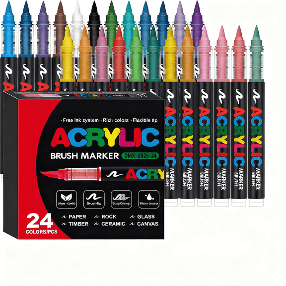 Acrylic Paint Markers, 24 Colors Acrylic Markers for Painting Rocks, Wood, Glass, Coloring Books, DIY Crafts Art, Pumpkin Painting Kit