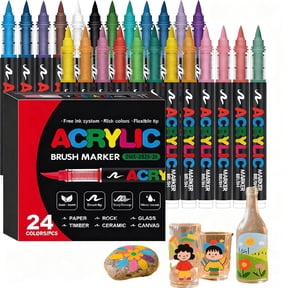 24 Colors Acrylic Paint Markers, Waterproof Brush Tip Acrylic Markers for Coloring Books, Rocks, Wood, Glass, DIY Crafts Art, Pumpkin Painting