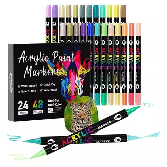 Acrylic Paint Markers, 24 Pcs 48 Colors Dual Tip Dual Color Acrylic Markers, Acrylic Markers Set Paint Pens for Stone, Wood, Calligraphy, Canvas, Ceramic, Metal, Glass, Rock Painting,DIY Crafts