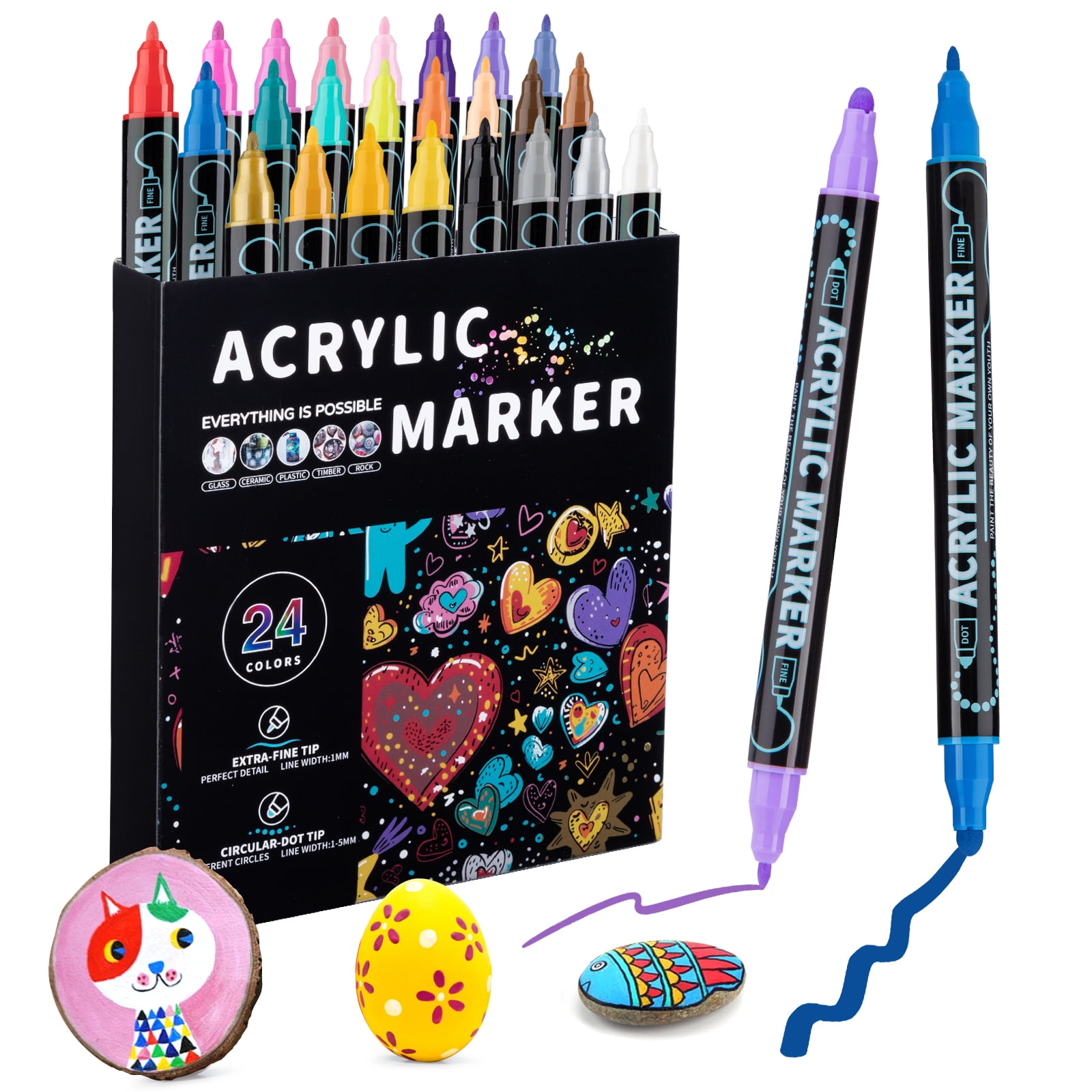 GARITIN Acrylic Paint Markers Dual Tip, 24 Colors Dot and Fine Tip Coloring Pens for Rock Wood Fabric Canvas Glass Paper Ceramic Craft Supplies