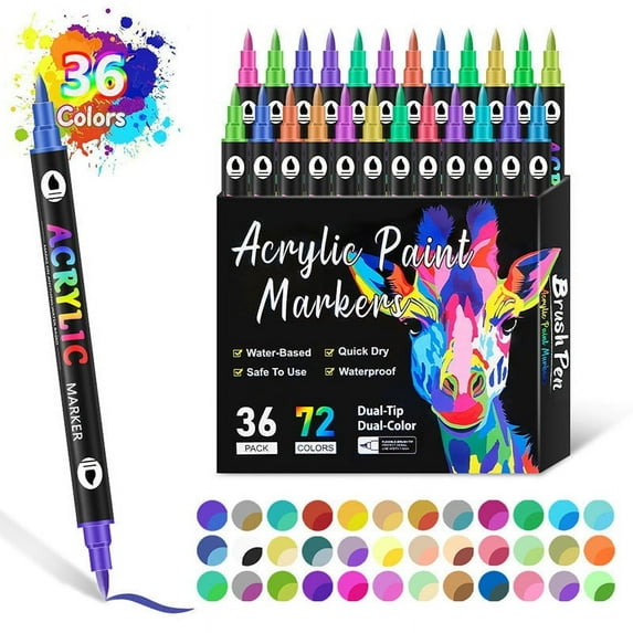 Acrylic Paint Markers, 36-Pack Dual-Tip Dual-Color, Water-Based, Quick Dry, Safe, Waterproof Coloring Markers, Coloring Book Marker Set, Ages 3+