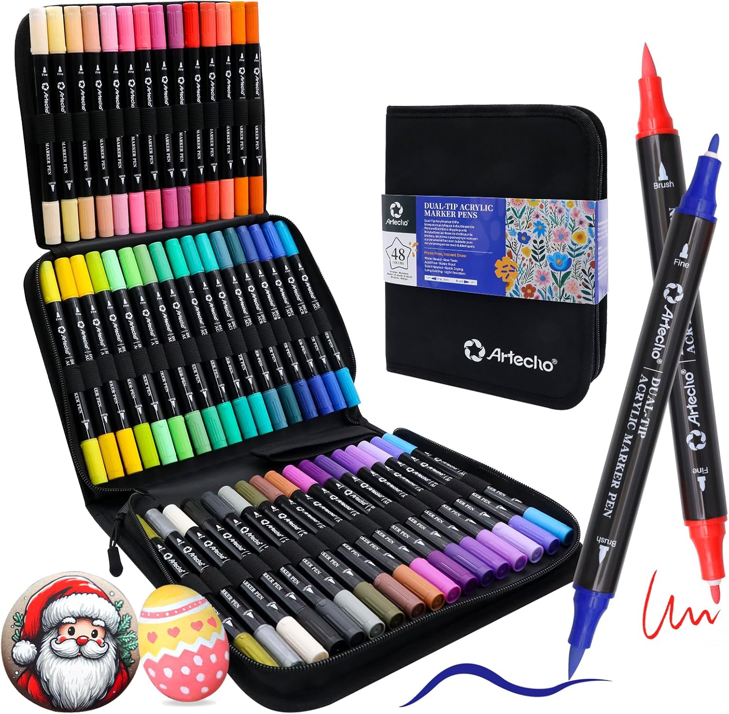 Acrylic Paint Markers 48 Colors with Bag, Acrylic Paint Pens with Brush Tip and Fine Tip for Stone, Rock Painting, Paper, Pumpkin, Wood, Egg, Canvas, Ceramic, Fabric, leather, Glass