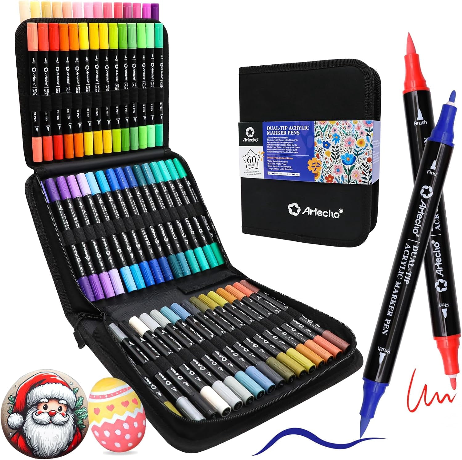 Acrylic Paint Markers 60 Colors with Bag, Acrylic Paint Pens with Brush Tip and Fine Tip for Stone, Rock Painting, Paper, Pumpkin, Wood, Egg, Canvas, Ceramic, Fabric, leather, Glass