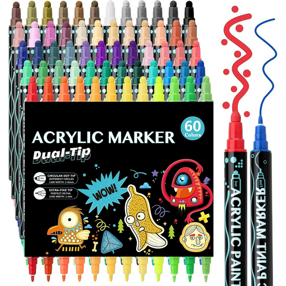 Acrylic Paint Markers, 60 Colors Dual Tip Acrylic Paint Pens for Rock Painting, Wood, Canvas, Stone, Glass, Ceramic Surfaces, DIY Crafts Making Art Supplies (Round Tip and Fine Tip)