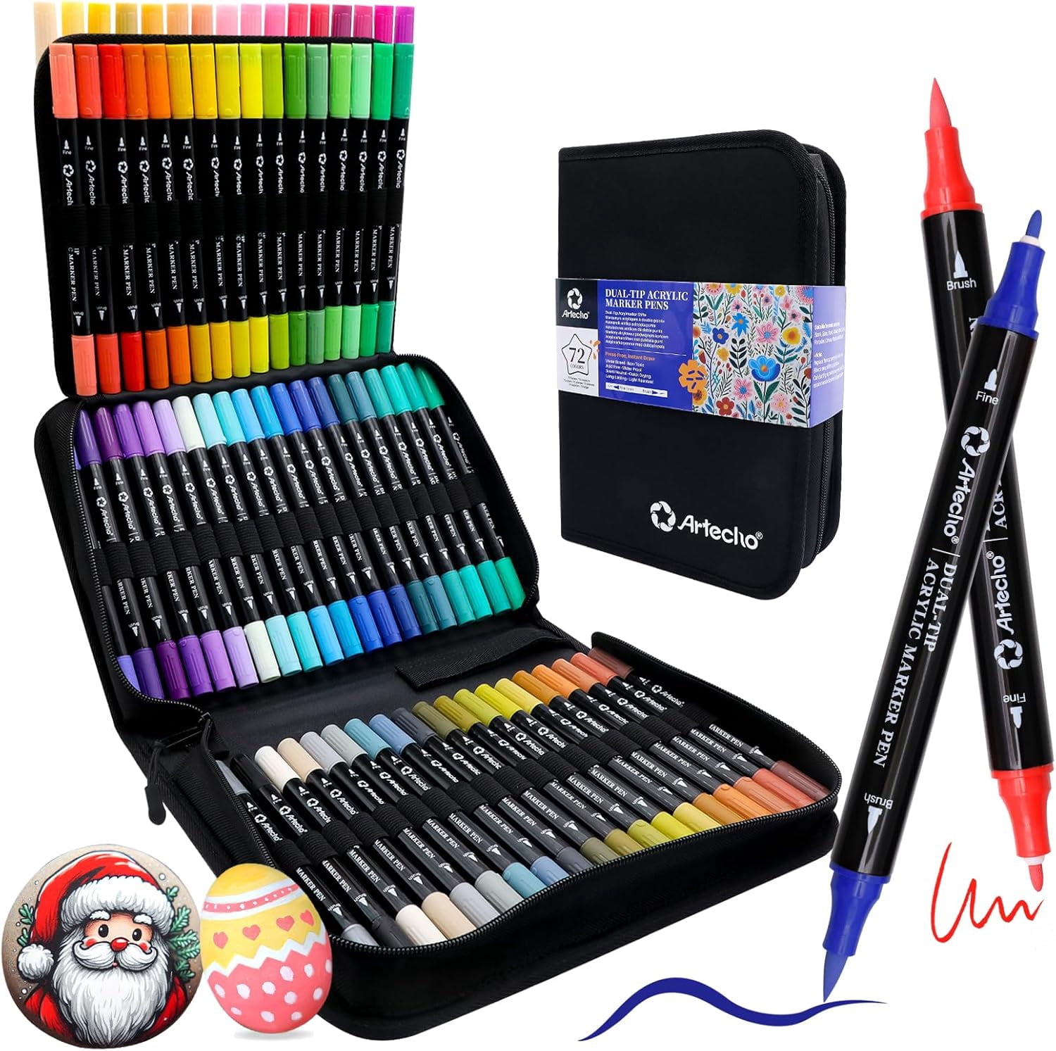 Acrylic Paint Markers 72 Colors with Bag, Acrylic Paint Pens with Brush Tip and Fine Tip for Stone, Rock Painting, Paper, Pumpkin, Wood, Egg, Canvas, Ceramic, Fabric, leather, Glass