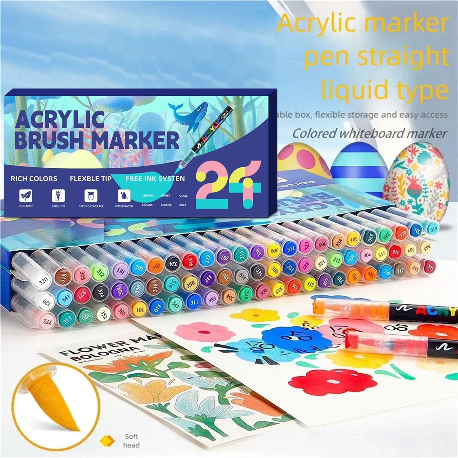 Acrylic Paint Markers,Acrylic Brush Markers Paint Pens, No Bleed Paint markers for Fabric,Wood,Rocks,Canvas Painting,Glass,Ceramic,Art Craft Supplies(24 Colors)