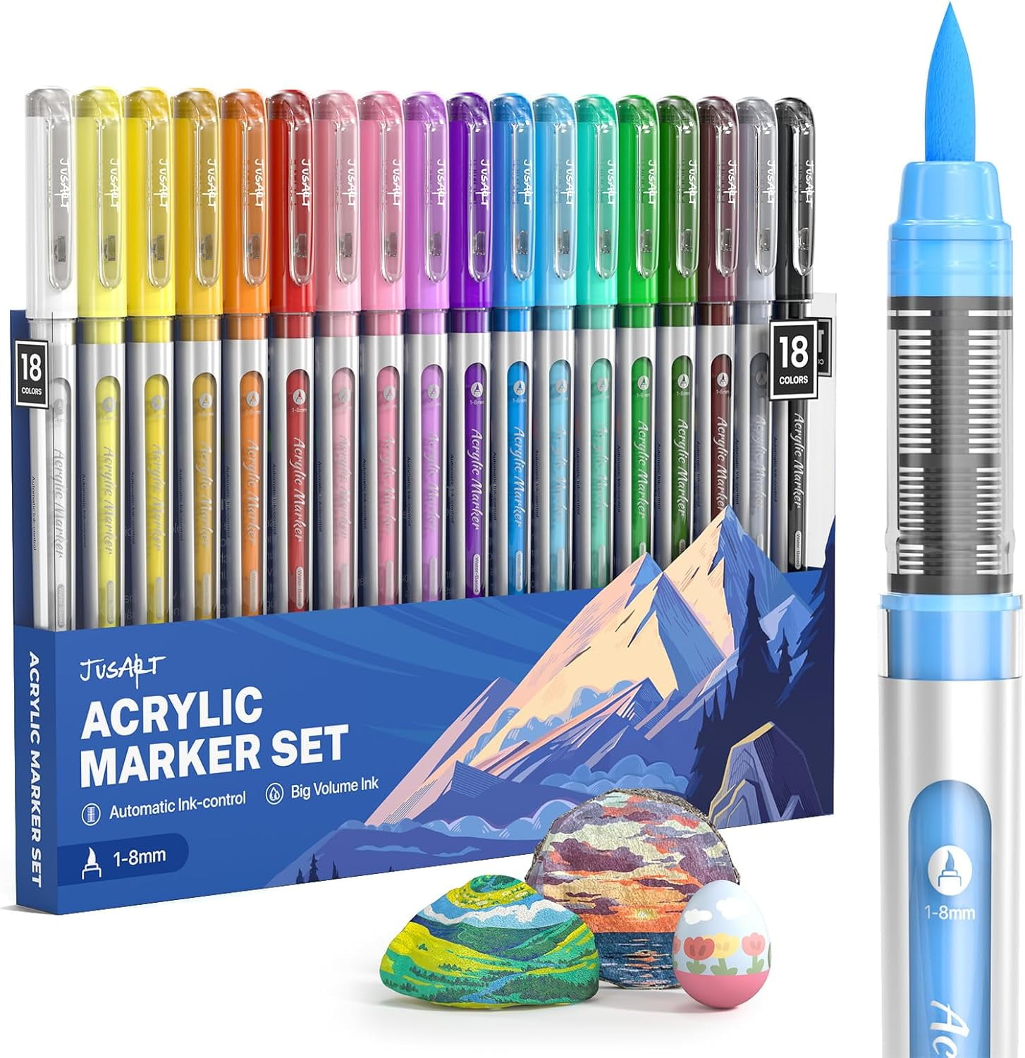 Acrylic Paint Markers Brush Tip 18 Colors, Water-Based No-Bleed Markers with Automatic Ink Control, Waterproof Acrylic Paint Pens for DIY Art & Crafts -Fabric, Wood, Rock, Ceramic, Metal