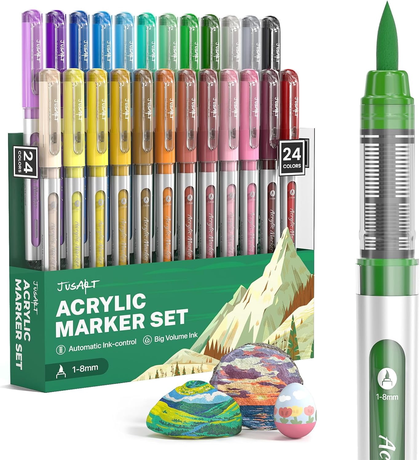Acrylic Paint Markers Brush Tip 24 Colors, Water-Based No-Bleed Markers with Automatic Ink Control, Waterproof Acrylic Paint Pens for DIY Art & Crafts -Fabric, Wood, Rock, Ceramic, Metal