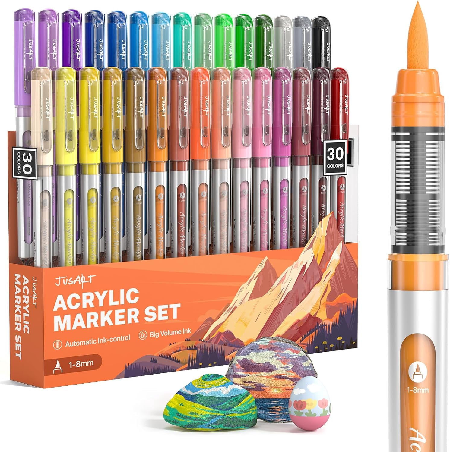 Acrylic Paint Markers Brush Tip 30 Colors, Water-Based No-Bleed Markers with Automatic Ink Control, Waterproof Acrylic Paint Pens for DIY Art & Crafts -Fabric, Wood, Rock, Ceramic, Metal