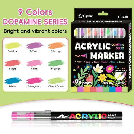 Acrylic Paint Markers Brush Tip, 9 Colors Acrylic Markers with Automatic Ink Control System, Waterproof Acrylic Paint Pens for Painting,Wood, Canvas, Glass, Stone, Fabric and Art Supplies