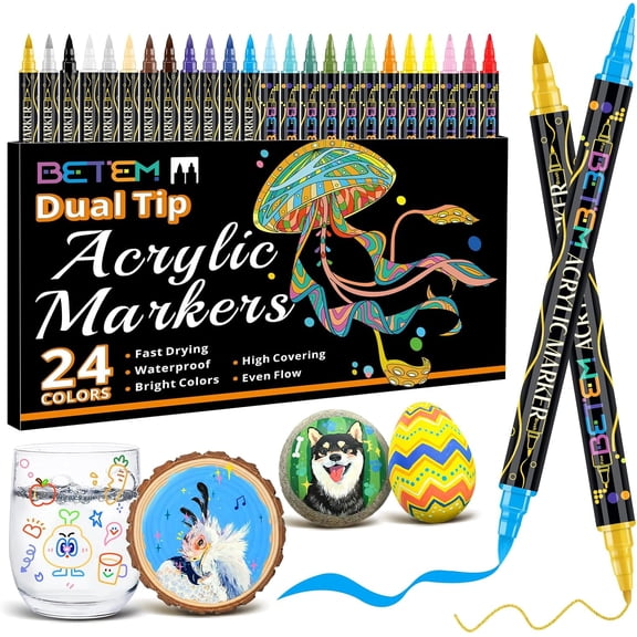 Acrylic Paint Markers, Dual Tip 24 Colors Acrylic Paint Pens with Brush Tip and Fine Point, Art Supplies for Rock, Wood, Canvas, Stone, Glass, Ceramic, Rock Painting, glass maker