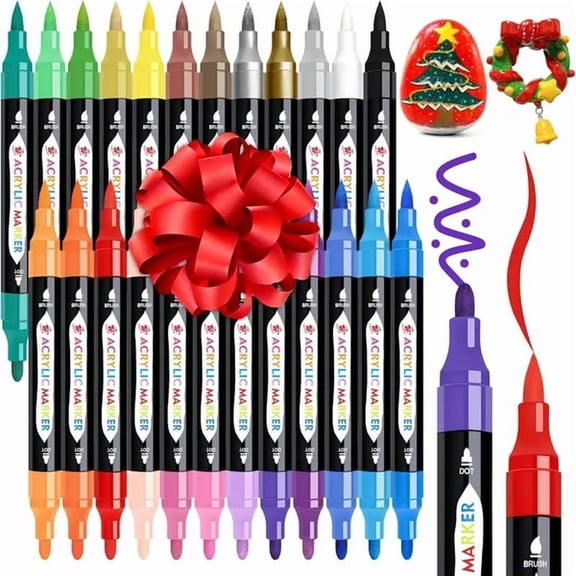 Acrylic Paint Markers, Dual Tip, 24 Colors, Waterproof, Odorless, for Paper, Pottery, Stones, Backpacks, Glass