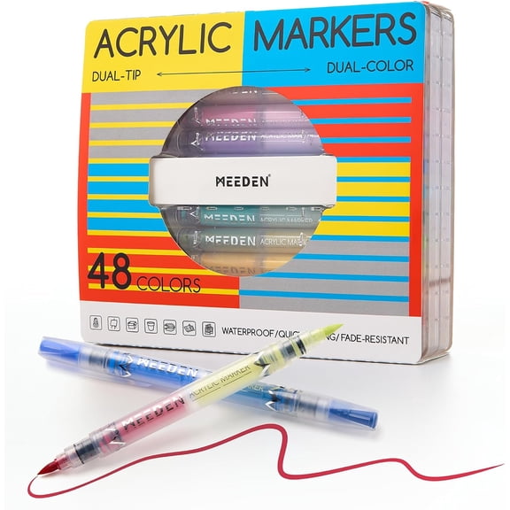 Acrylic Paint Markers Dual Tip: 48 Colors/24 Pcs Brush Tip Acrylic Marker with Automatic Ink Control for Art Supplies - Quick Dry Paint Pens for Rock Wood Canvas Fabric Glass Metal