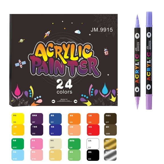 Acrylic Paint Markers Dual Tip Brush Pens, 12 Double Ended Markers 24 Colors, Waterproof Art Pens for Drawing Sketching Doodling on Paper Canvas Wood Glass