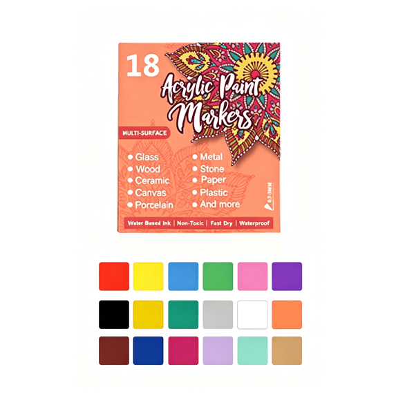 Acrylic Paint Markers Fine Tip with Opaque and Layerable Ink, 18-Pack, 0.03-Inch Nibs, Multi-Surface Paint Pens for Rock Painting