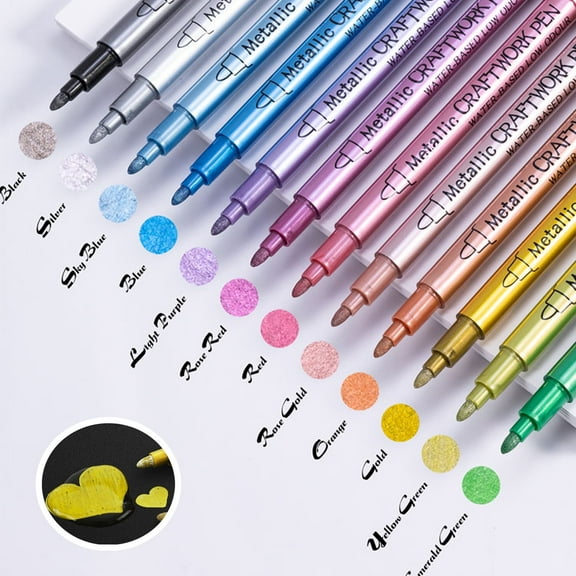 Acrylic Paint Markers, Metal Color Round Nib Point Acrylic Paint Pens for Rock Painting, Canvas, Wood, Ceramic, Glass, Stone, Fabric, DIY Crafts & Art Supplies (12 Color/Set )