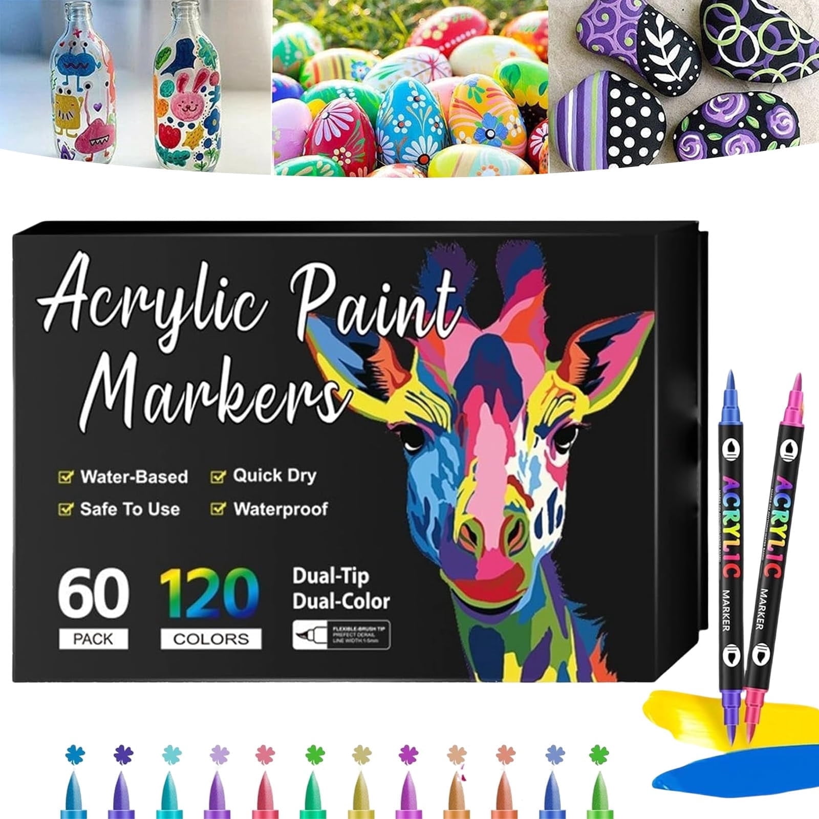 Acrylic Paint Markers Set, 60 Pack 120 Dual-Tip Colors, Water-Based, Quick Dry, Waterproof, Safe for All Ages, Ideal for Rock, Glass, Wood, Canvas, Ceramic, and DIY Craft Projects