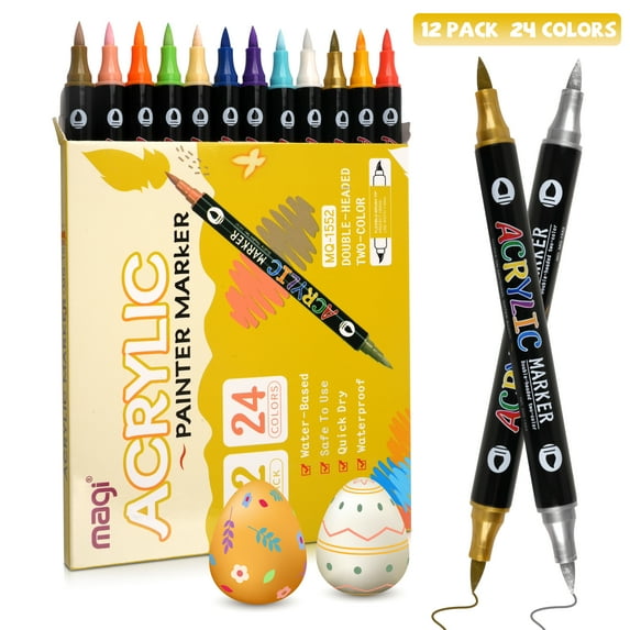 Acrylic Paint Markers Set,Dual Tip Dual-Color Acrylic Paint Pens,12 Pack 24 Colors Acrylic Markers,Paint Pens for Rock,Canvas,Glass,DIY Crafts, and Art Projects-Versatile Two-Color in One Pen