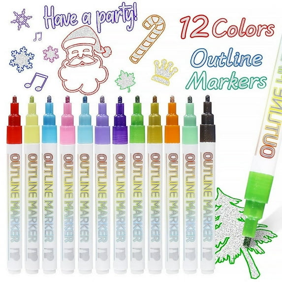 Acrylic Paint Markers Set,Dual Tip Dual Color Paint Pens,2025 Christmas Outline Marker Set Double Line Outline Pen Set Diy Handheld Christmas Card Outline Marker Highlighter 12 Colors 10Ml