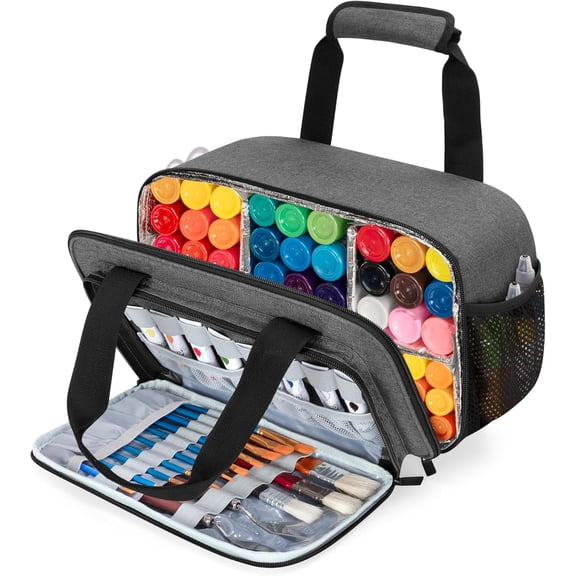 Acrylic Paint Organizer Bag for up to 54 Bottles (2 oz), Art Supply Storage Case with Handle Strap, Extra Pocket for Paint Brushes, Palette Board, , Grey