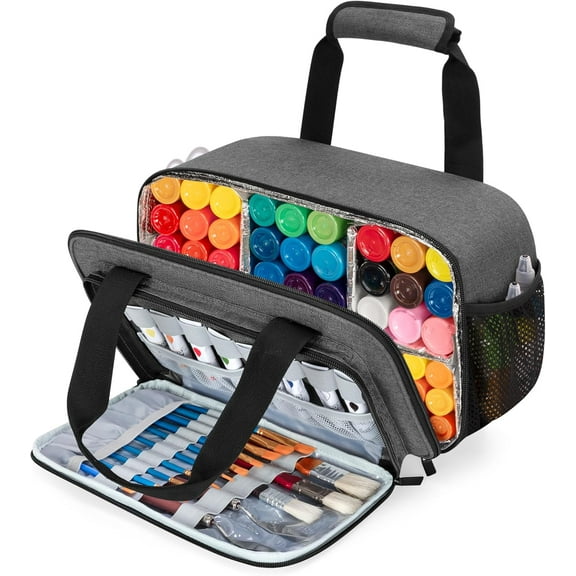 Acrylic Paint Organizer Bag for up to 54 Bottles (2 oz), Art Supply Storage Case with Handle Strap, Extra Pocket for Paint Brushes, Palette Board, , Grey