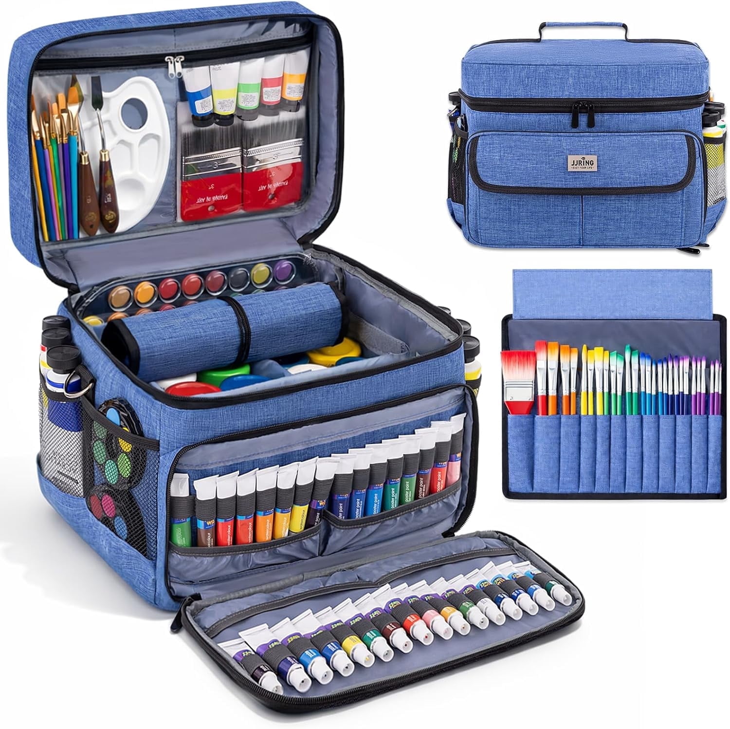 LAVFOX Acrylic Paint Organizer Bag, Travel Craft Storage Case with Adjustable Dividers for Multi-Size Bottles, Portable Art Supply Tote Features 12-Slot Brush Holder and Clear Pocket, Ocean Blue