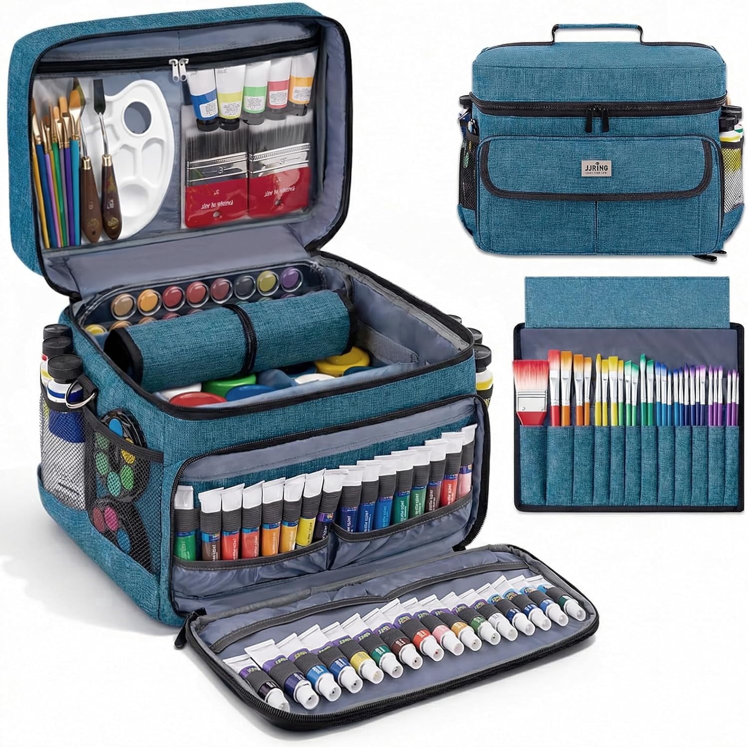 LAVFOX Adjustable Paint Storage Bag, Portable Art Supplies Organizer Tote with 12 Brush Slots for Multi-Size Acrylic Bottles and Craft Accessories, Sage Green