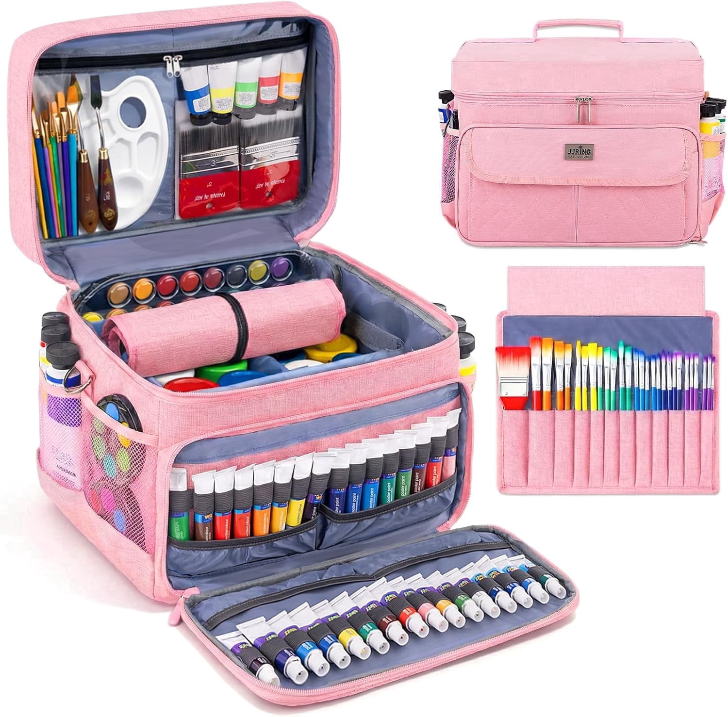 LAVFOX Adjustable Paint Storage Bag, Portable Art Supplies Organizer Tote with 12 Brush Slots for Multi-Size Acrylic Bottles and Craft Accessories, Blush Pink