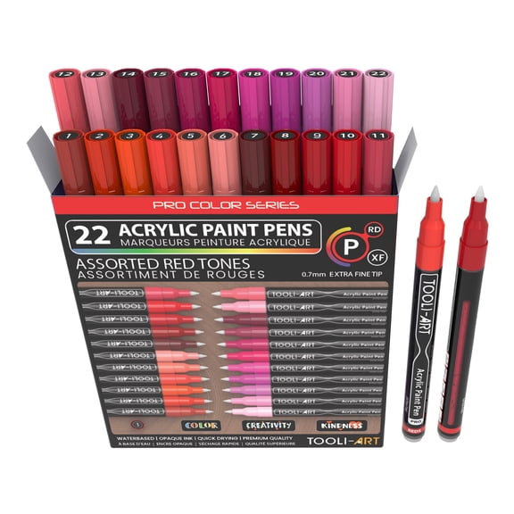 Acrylic Paint Pens 22 Assorted Red And Pink Pro Color Series Specialty Markers Set (0.7mm EXTRA FINE)