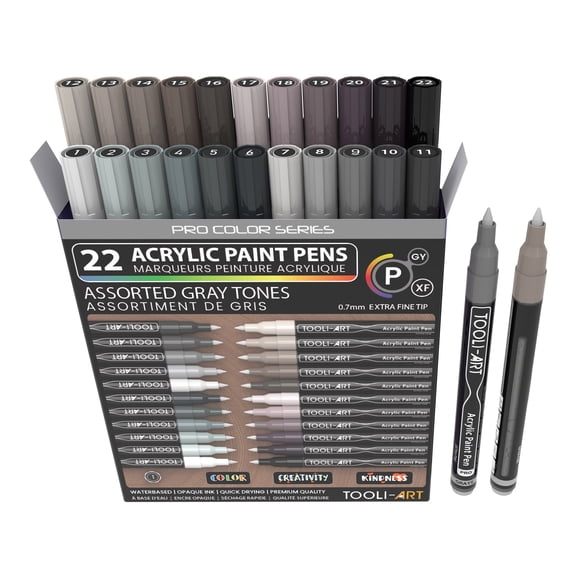 Acrylic Paint Pens 22 Assorted Gray Pro Color Series Specialty Markers Set (0.7mm EXTRA FINE)