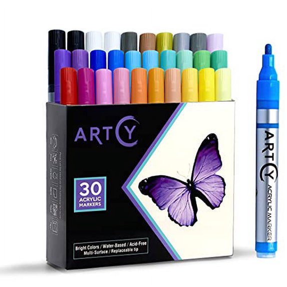Acrylic Paint Pens - 30 Acrylic Paint Markers Medium Tip (2mm) | Great for Rock Painting, Canvas, Glass, Porcelain, Fabric, Paper, Pottery and Plastic