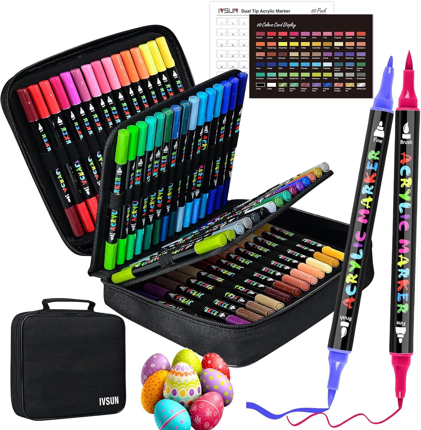 Acrylic Paint Pens, 60 Colors Dual Tip Paint Markers with Fine Tip and Brush Tip for Stone, Wood, Canvas, Calligraphy, Ceramic, Metal, Glass, Rock Painting, DIY Crafts Art Supplies Kit