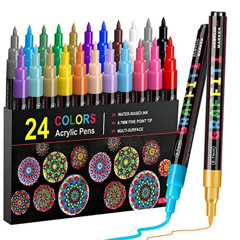 Emooqi Paint Pens, Acrylic Paint Markers 24 Colors Waterproof Pen Set for  Rock Painting DIY Craft Supplies Ceramic Glass Canvas Mug Metal Wood-2-3mm