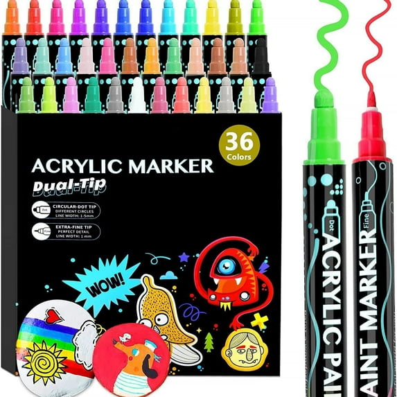 Acrylic Paint Pens Markers, 36 Colors Dual Tip Acrylic Paint Pens for Rock Painting, Wood, Canvas, Stone, Glass, Ceramic Surfaces, DIY Crafts Making Art Supplies (Round Tip and Fine Tip)
